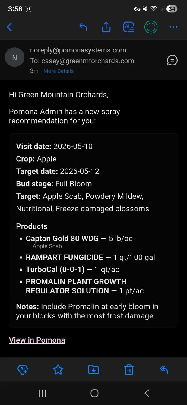 A spray recommendation email as received by a grower, showing visit date, crop, target date, bud stage, products with rates, and notes