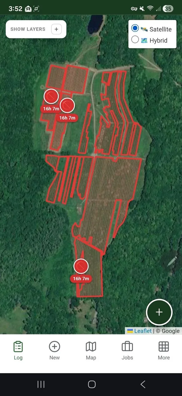 Satellite view of an orchard with active REI countdowns on restricted blocks