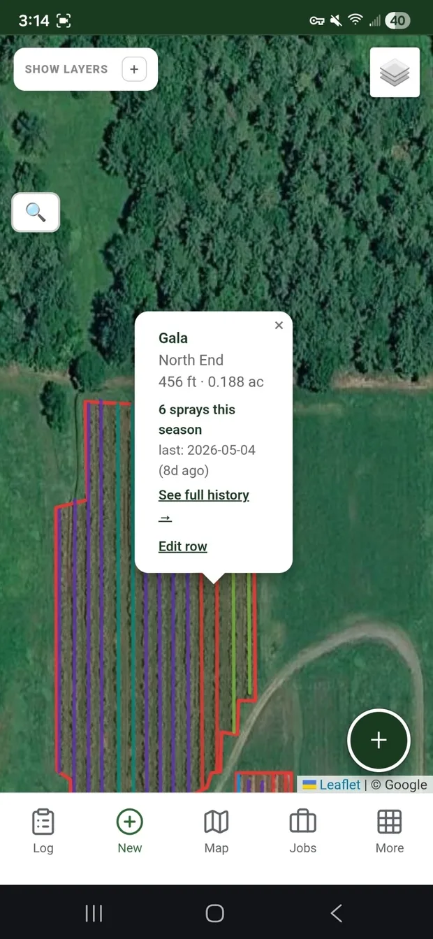 Per-row drilldown showing variety and spray history
